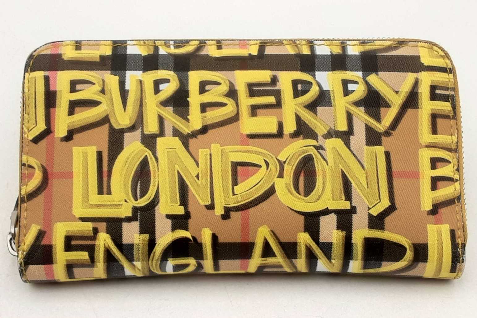 Burberry Check Graffiti Print Yellow Zip Around Wallet