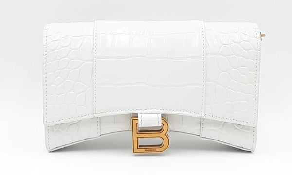 Balenciaga Hourglass Crocodile Embossed White Leather Chain Wallet 144030007021