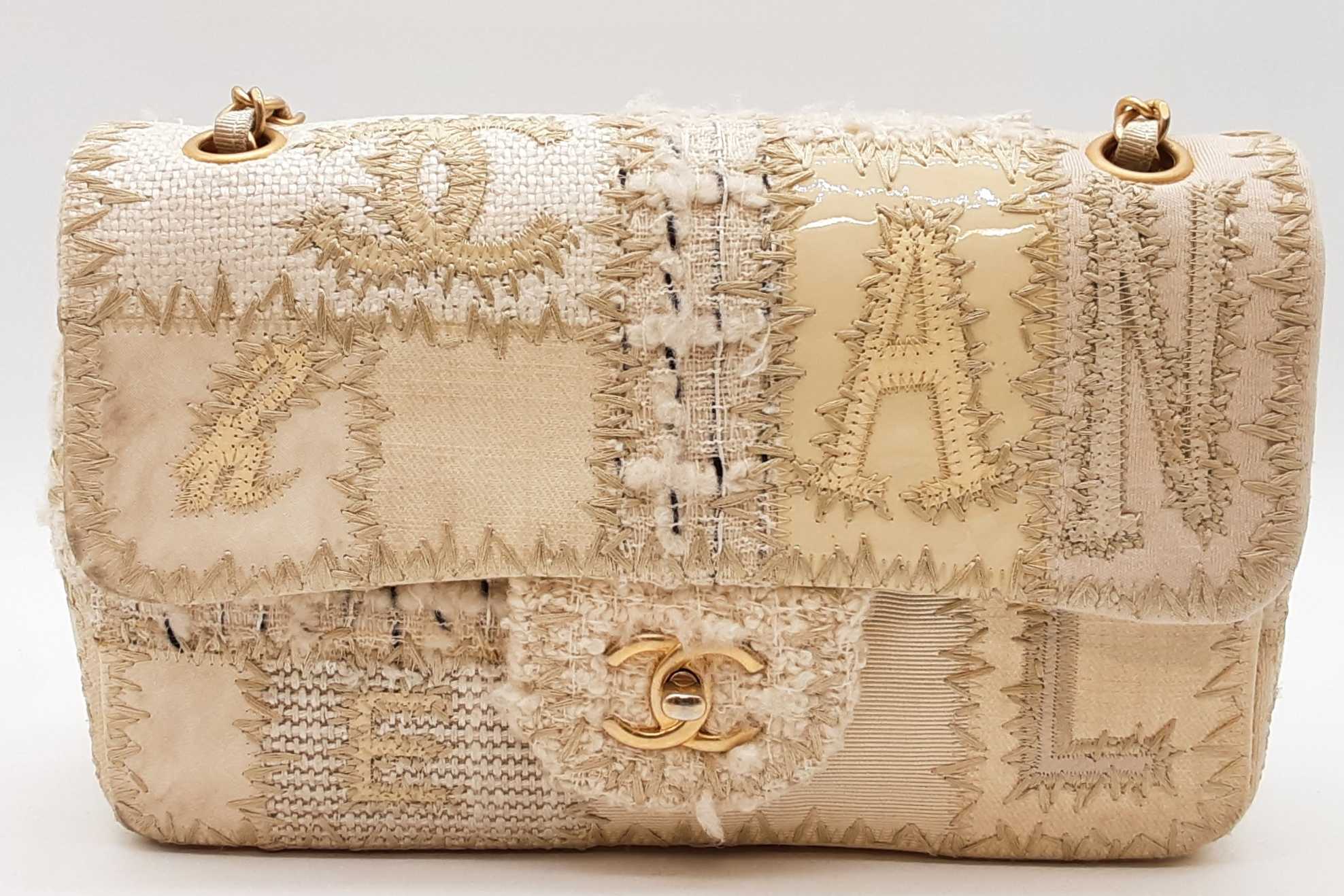 Chanel White & Beige Cnavas Tweed Patchwork Shoulder Bag