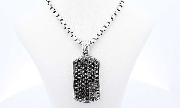 David Yurman Sterling Silver Black Diamonds Dog Tag Necklace 22 Inch Eb0324pxzdu
