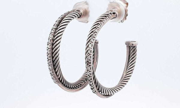 David Yurman Sterling Silver Crossover Diamond Hoop Earrings 34 Grams Eb0122cxsa