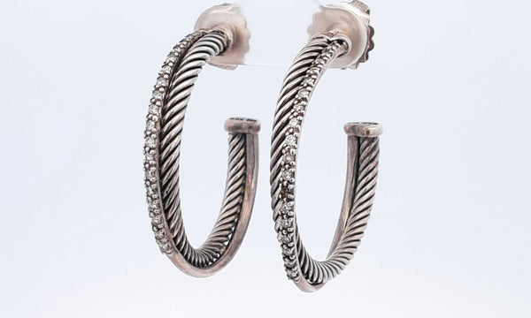 David Yurman Sterling Silver Crossover Diamond Hoop Earrings 34 Grams Eb0122cxsa