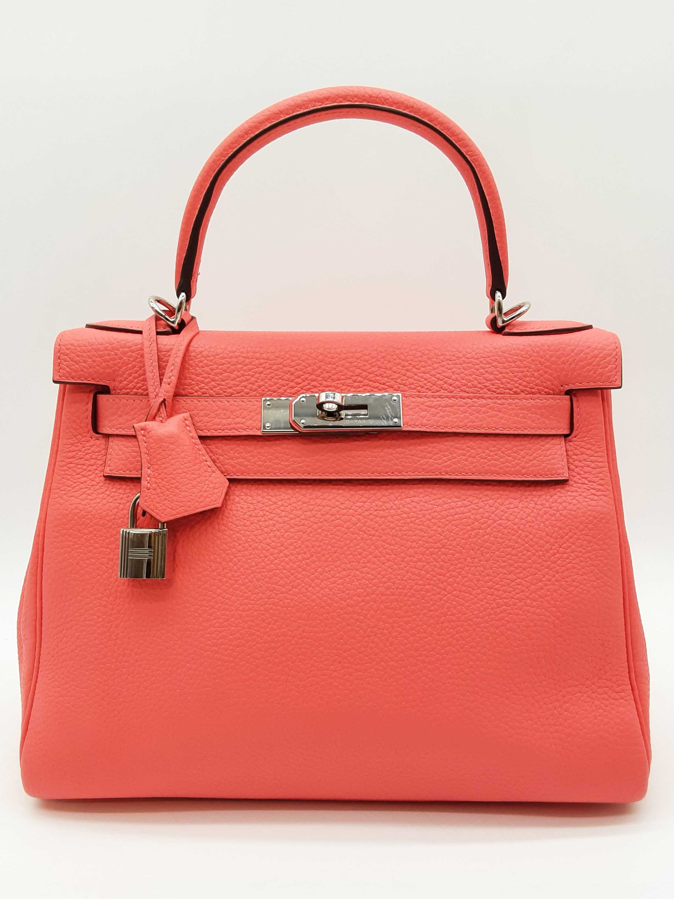 Hermes Kelly 28 Rose Texas Red Clemence Palladium Handbag