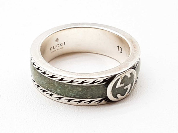 Gucci 645573 Silver Interlocking G Green Band Ring Size 13/6.25 Do0424lxzde