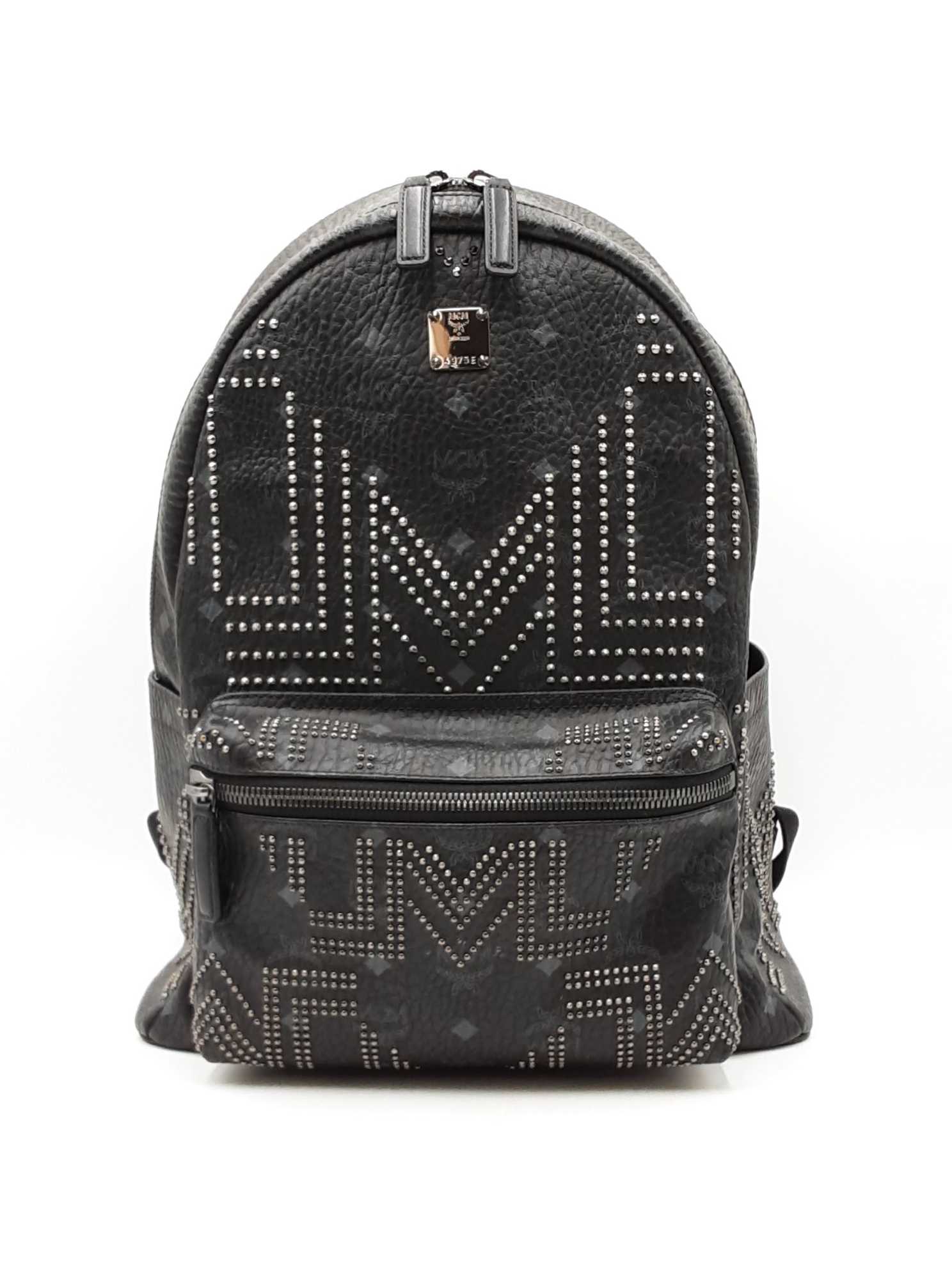 black leather studded backpack MCM Black Coated Canvas Studded Medium Backpack