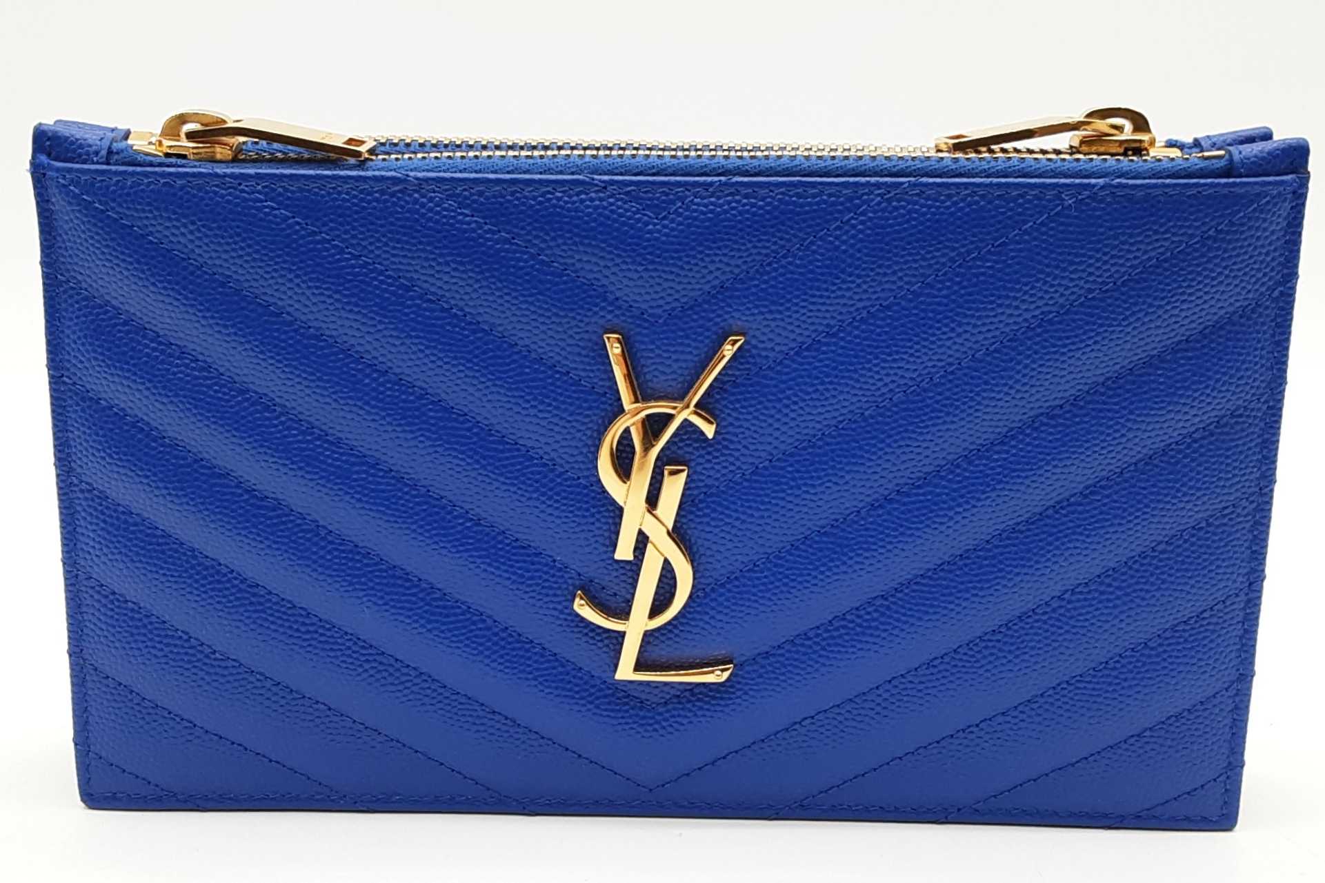Ysl Cassandra Chevron Quilted Cobalt Leather Double Zip Clutch