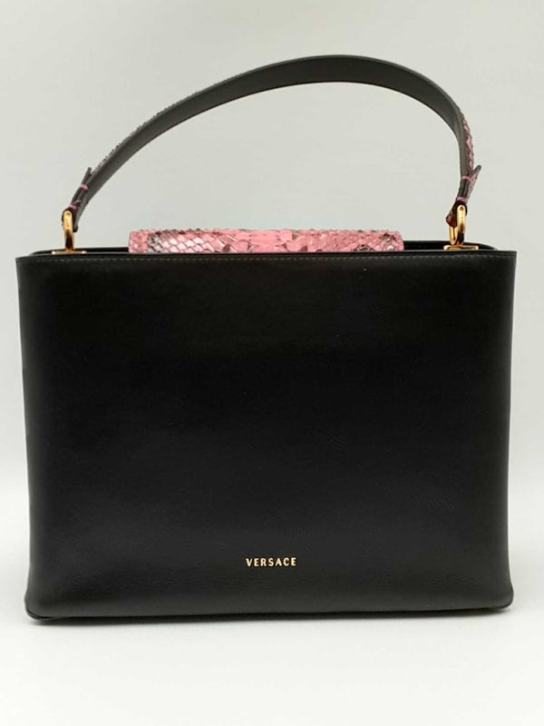 Versace Black Leather Top Handle Bag With Pink Snakeskin Trim Eb0324pxzdu