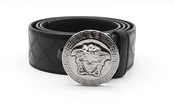 Versace Black Embossed Leather Belt With Silver Tone La Medusa Buckle Eblxzdu