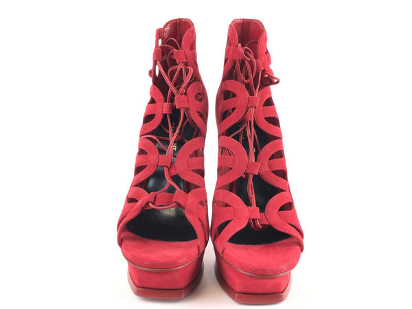 Yves Saint Laurent Red Calfskin Lace-up Sandals Sz 38 Mslrxsa 144010000508
