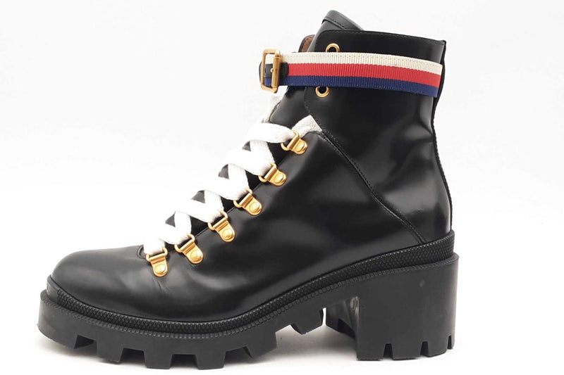 Gucci Sylvie Web Accent Black Patent Leather Combat Boots Size 38.5 Eb0825lxzsa