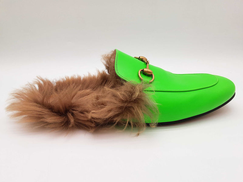 Gucci Princetown Neon Green Leather Fur Loafers Size Gucci 11 Mens Do0925oorde