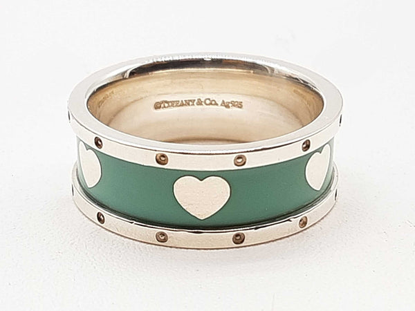 Tiffany & Co 0.925 Silver Teal Enamel Hearts Band Ring Size 7.25 Do1125lxzde