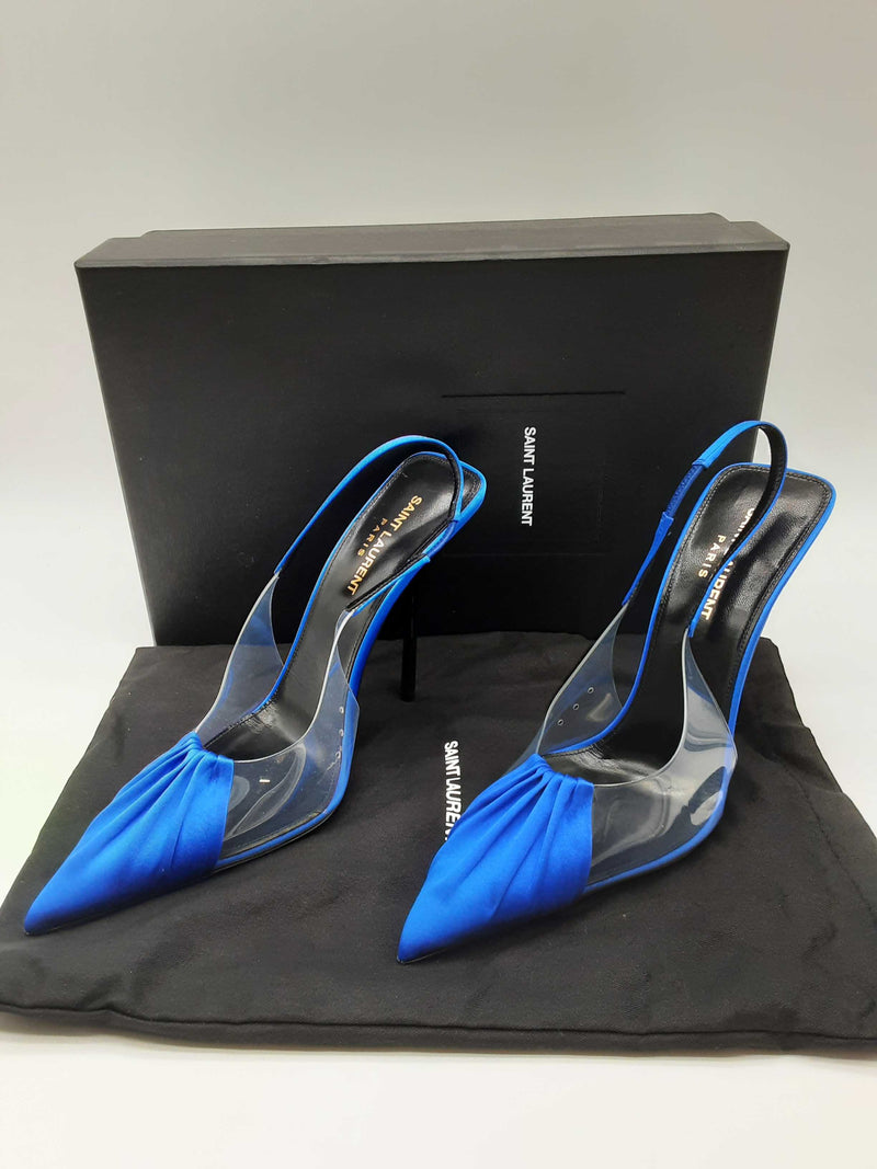 Saint Laurent Frida Chica Slingback Blue Satin Heel Size Eu 38.5 Do0924lwxde