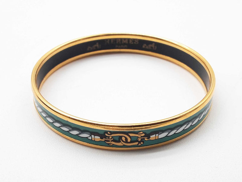 Hermes Green Rope Painted Enamel Gold Plated Narrow Bangle Bracelet Do1223rxzde