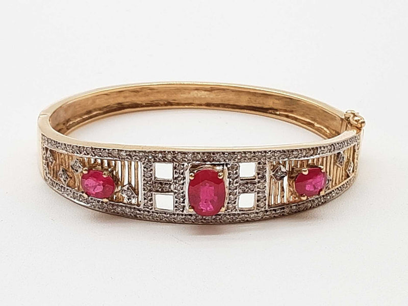 Synthetic Rubies 10k Yellow Gold 23.0g Bangle Bracelet 6.5 In Do0325sxzde