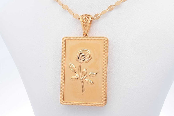 21k Yellow Gold Rose Rectangle Pendant & Chain 18 Grams 15.5 Inch Eb1224pxzdu