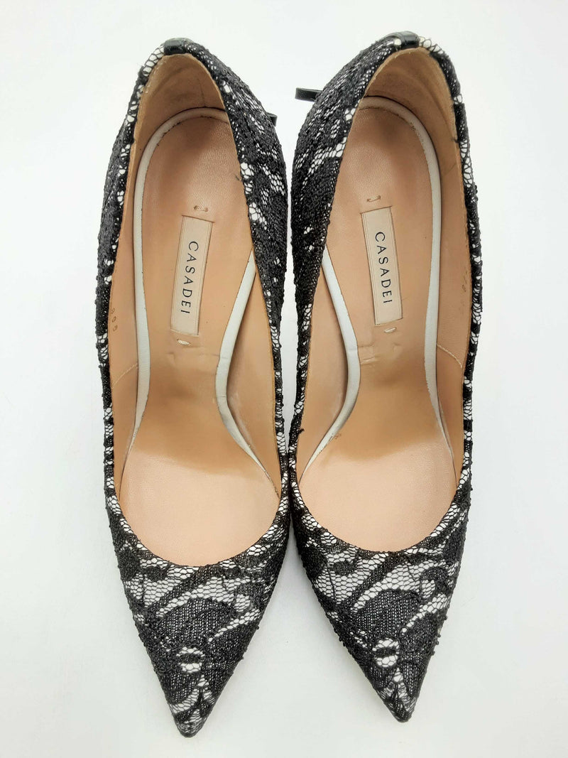 Casadei Black Lace & White Minorca Leather Pumps Size Eu 40 Fw1124cxsa