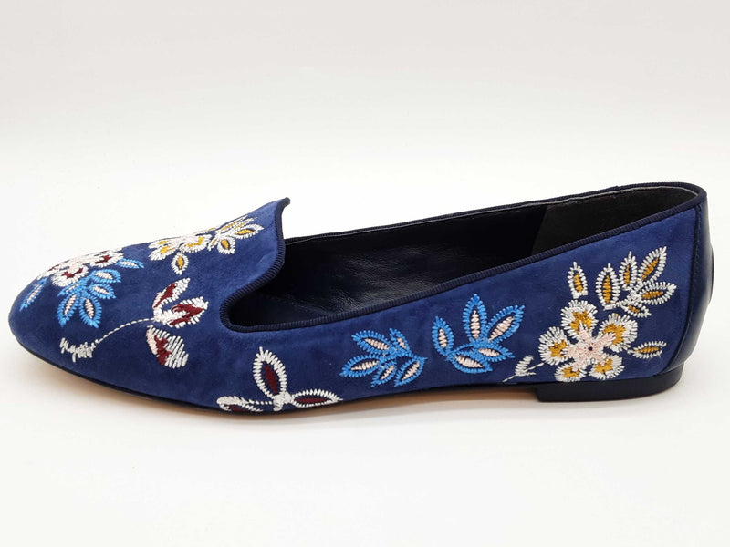 Tory Burch Trotters Estee Blue Suede Floral Embroidered Shoes Size8.5 Do0725lxde