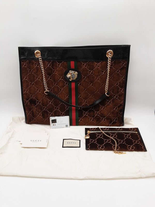 Gucci 537219 Rajah Brown Gg Velvet Web Large Tote Bag Do0425ixzde