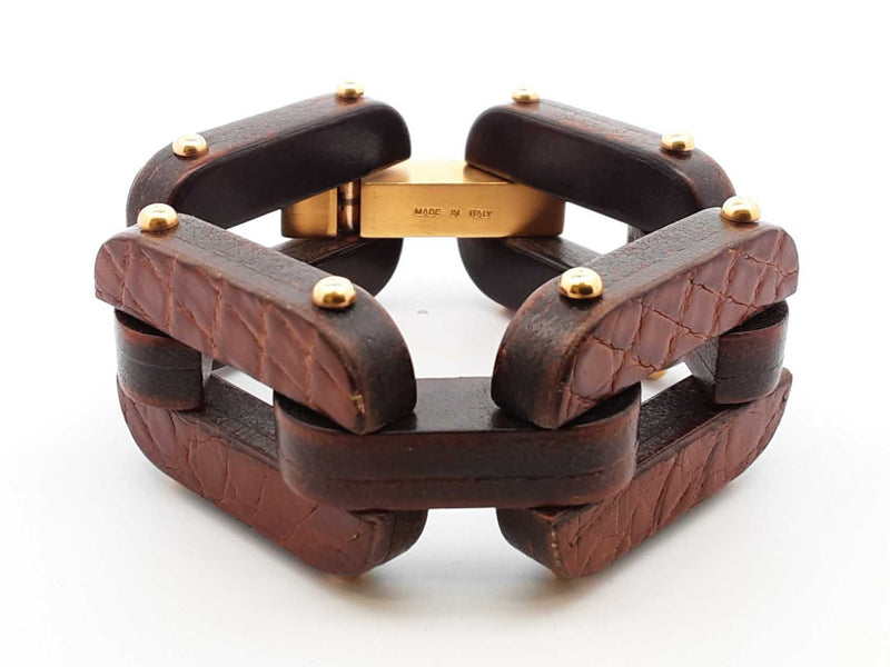 Fendi Wood  & Leather Link Bracelet 77.2 Grams Fw0125lxzdu