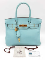 Hermes Birkin 30 Bleu Atoll Tiffany Blue Epsom Gold Hardware Handbag Do0125lpxzxde