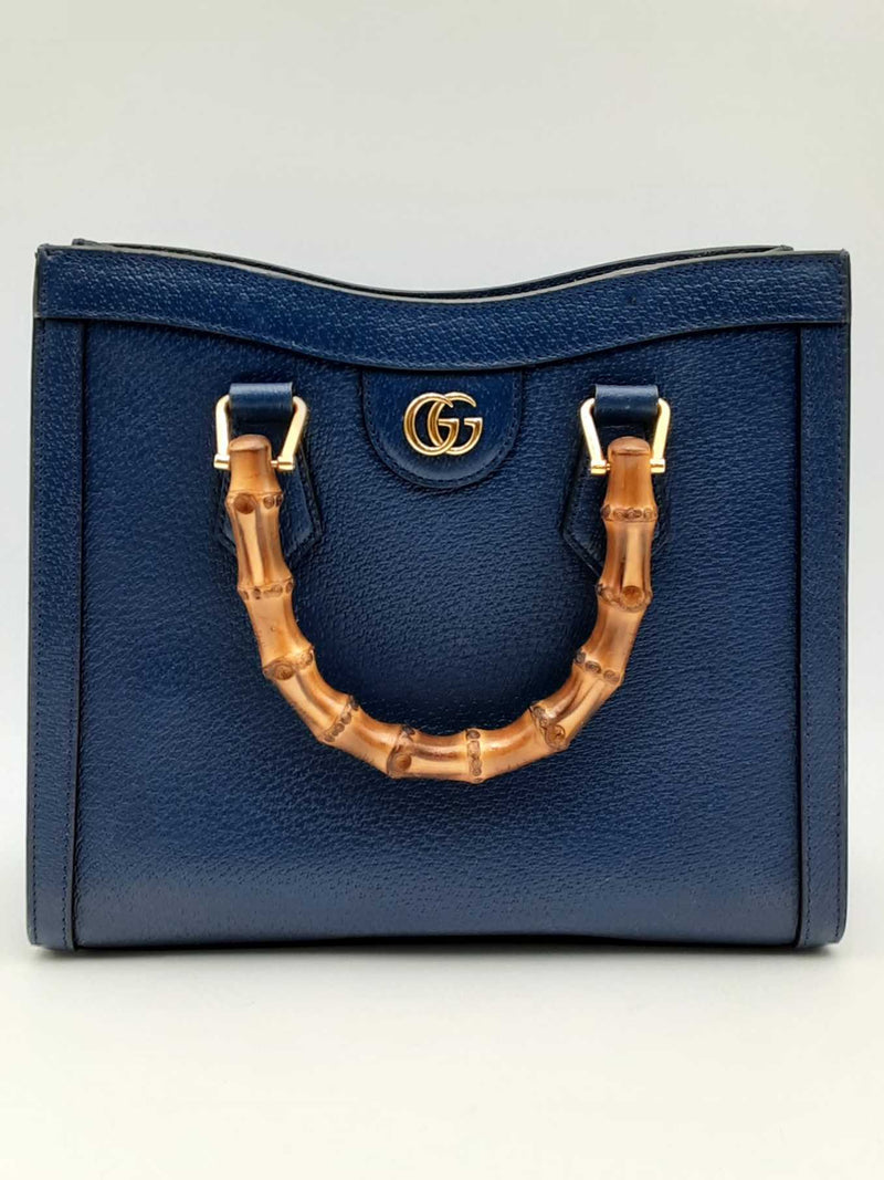 Gucci Diana Navy Leather Tote Bag With Bamboo Handles Eb1024irxsa