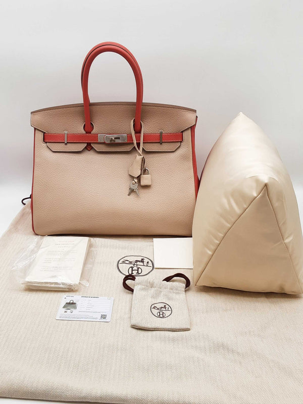 Hermes Birkin 35 Gray Red Clemence Brushed Palladium Handbag Do0325sexzde