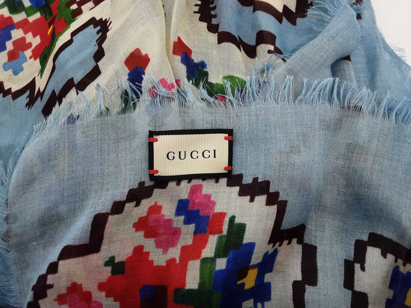 Gucci Blue Green Red Pixel Floral Silk Scarf Do1124lrxde