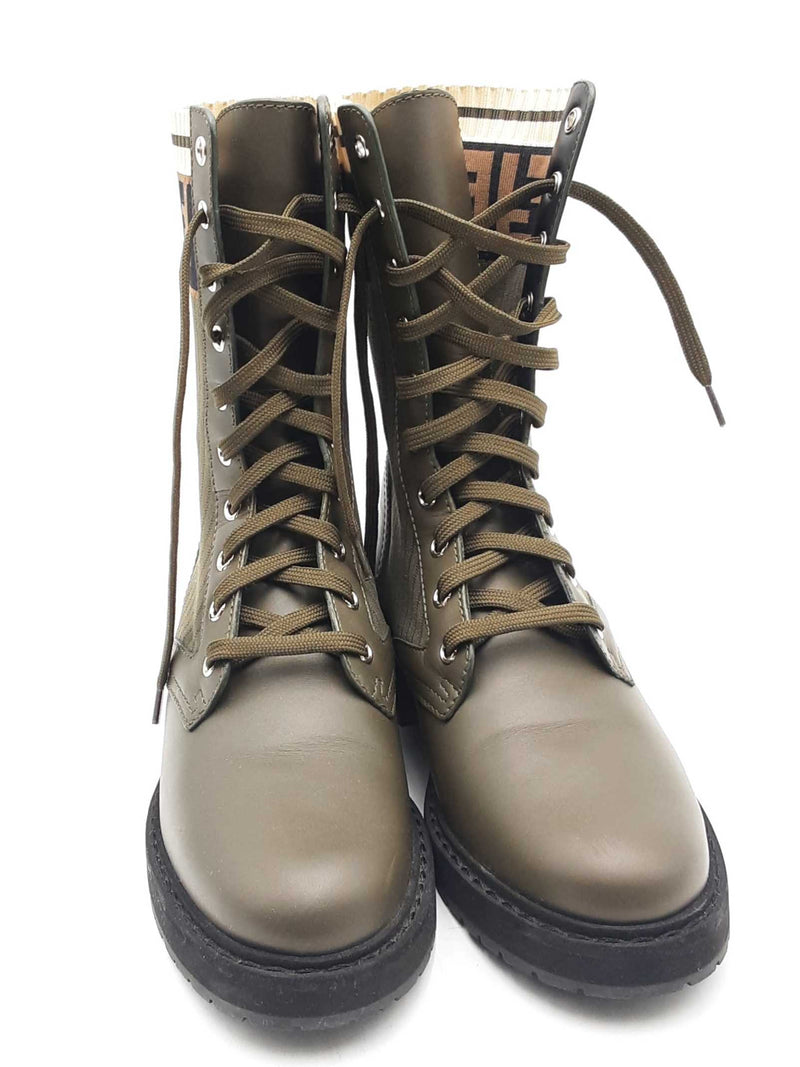 Fendi Rockoko Green Leather & Knit Combat Boots Size 37 Eb0925oxzsa