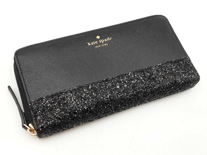 Kate Spade Greta Court Glitter Neda Wallet In Black Crosshatched Pvc Fw1025wxdu