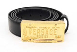 Versace Black Leather Belt With Gold Tone Liscense Plate Style Buckle Eb225lxzsa