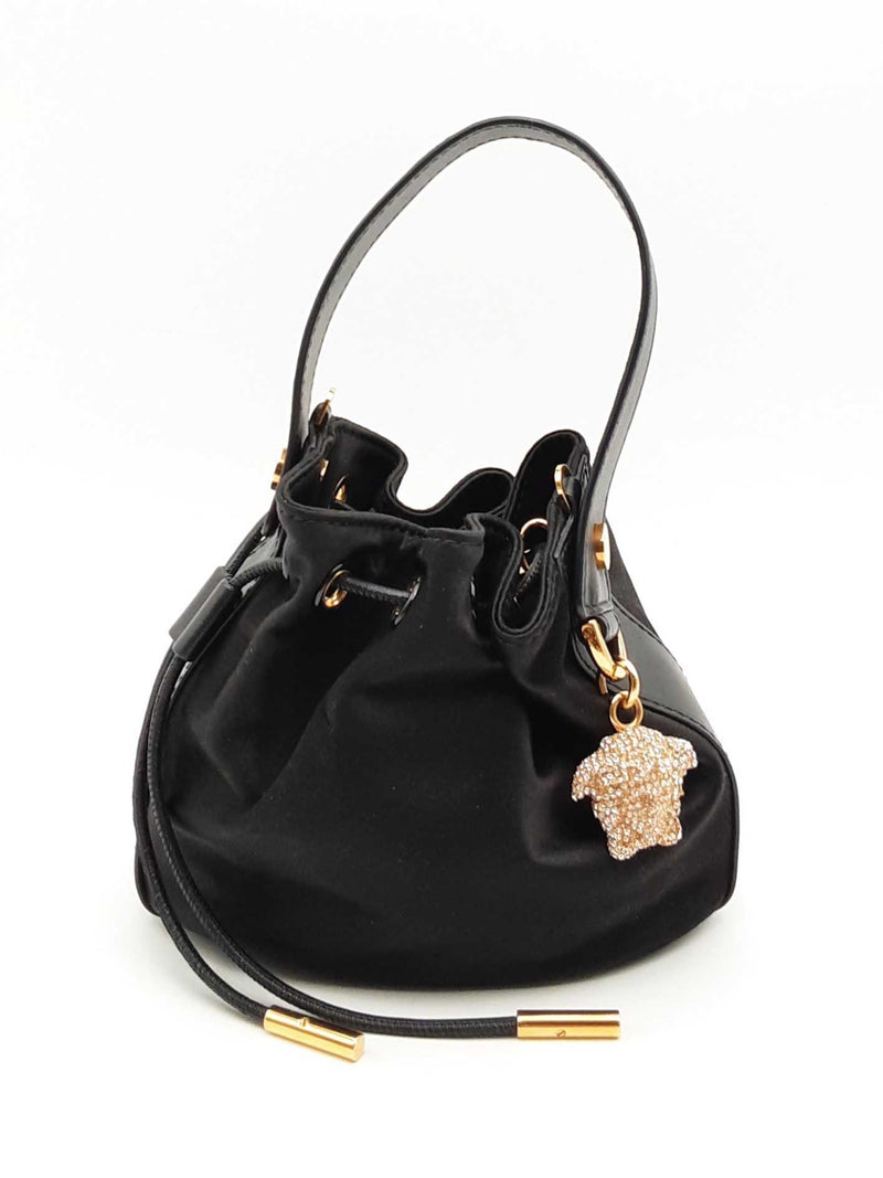 Versace La Medusa Charm Black Satin & Leather Mini Bucket Bag Fw1224pxzsa