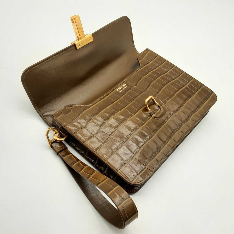 Tom Ford Crocodile Effect T Pin Portfolio Clutch In Khaki Lh0125de