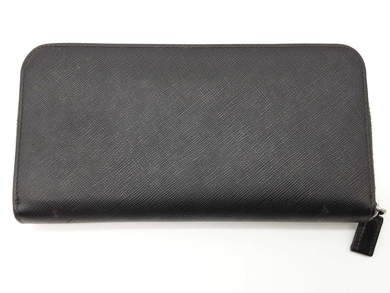 Prada Blue Logo Black Saffiano Leather Zip Wallet Do1025orxde