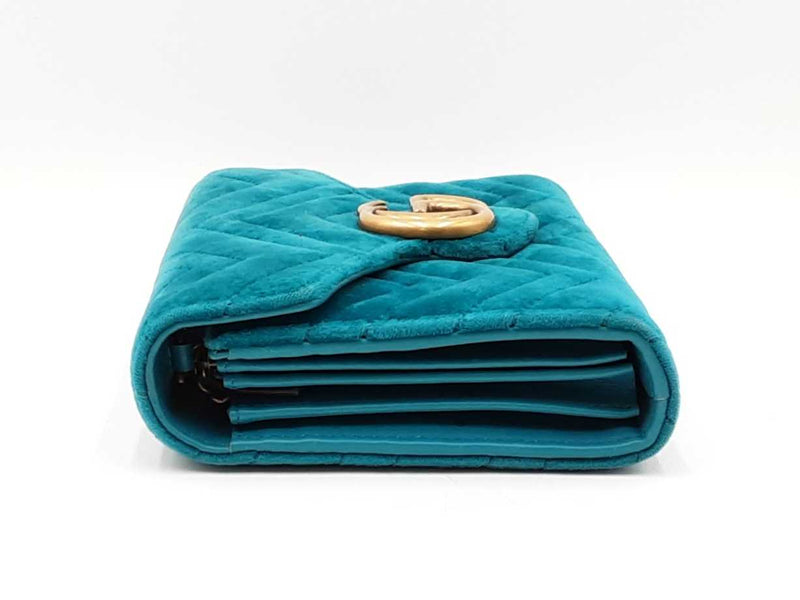 Gucci Gg Marmont Matelassé Chain Wallet In Pavone Cyan Velvet Fw0725wrzdu