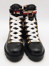 Gucci Sylvie Web Accent Black Patent Leather Combat Boots Size 38.5 Eb0825lxzsa