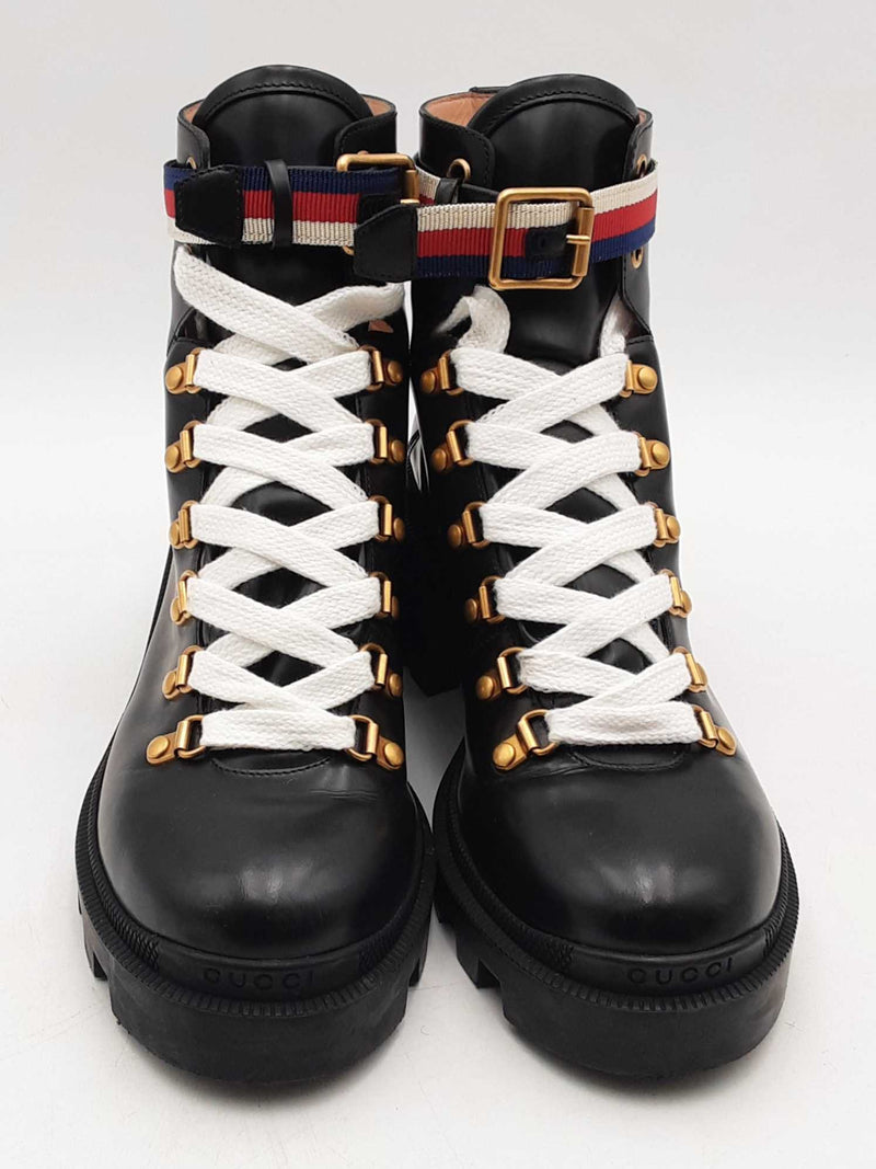Gucci Sylvie Web Accent Black Patent Leather Combat Boots Size 38.5 Eb0825lxzsa