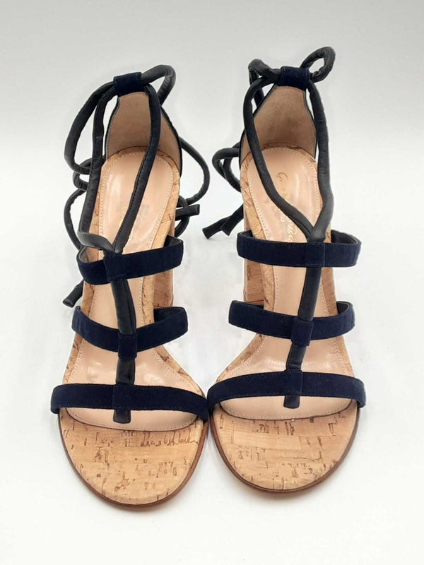 Gianvito Rossi Navy Blue Suede & Leather Cork Heel Ankle Wrap Sandals Eb0723crsa