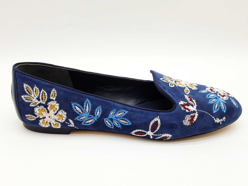 Tory Burch Trotters Estee Blue Suede Floral Embroidered Shoes Size8.5 Do0725lxde