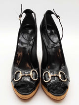 Gucci Black Patent Leather Peep Toe Wedges Size 10.5 B Eb1225crde