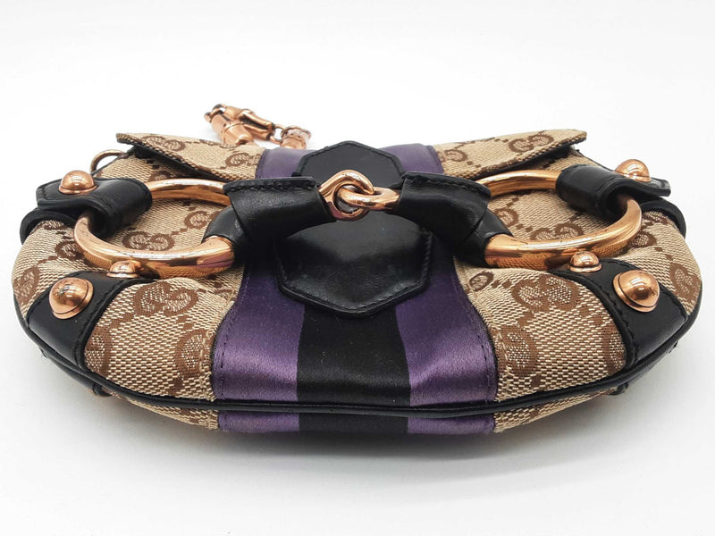 Gucci 129498 Mini Horsebit Tan Gg Canvas Purple Black Satin Clutch Do0925pxzde