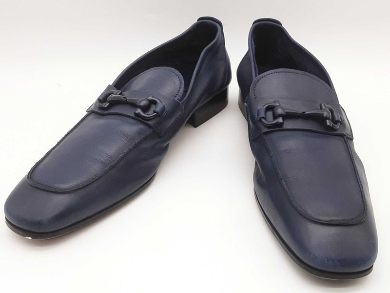 Salvatore Ferragamo Manfredi Gancio Navy Blue Leather Loafers Size 9d Do0525rxde