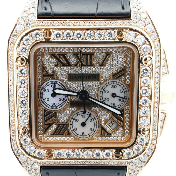Santos De Cartier 100 Chronograph 10.06 Cttw Diamond & 18k Yellow Gold 41mm Automatic Watch 239 Grams Fw0825rxzxdu