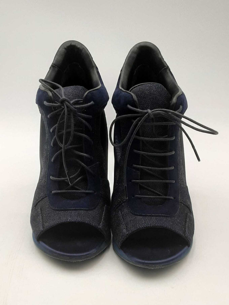 Burberry Denim & Navy Blue Sude Peep Toe Lace Up Heel Booties Size 36 Eb325lxzsa