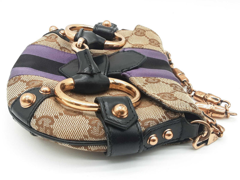 Gucci 129498 Mini Horsebit Tan Gg Canvas Purple Black Satin Clutch Do0925pxzde