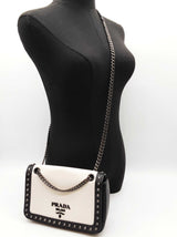 Prada Studded Black White Vitello Leather Flap Chain Crossbody Bag Do0426rrxde