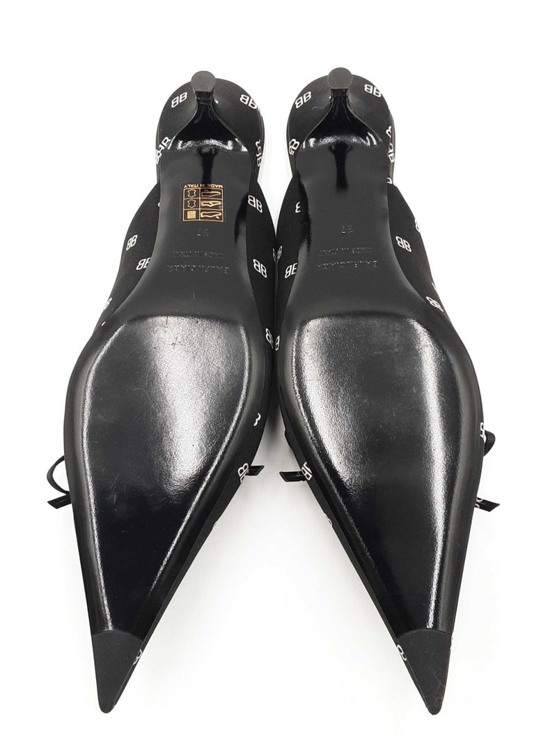 Balenciaga Knife Kitten-heel Mules In Logo-print Black Satin Size