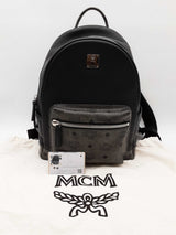 Mcm Stark Black Leather Gray Visetos Coated Canvas Backpack Do0726lxzde