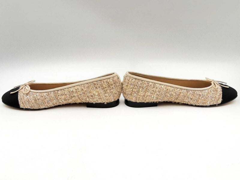 Chanel Tweed Ballet Flats Glittered Tweed Grosgrain Beige Size 39.5 Sd0425oxzsa