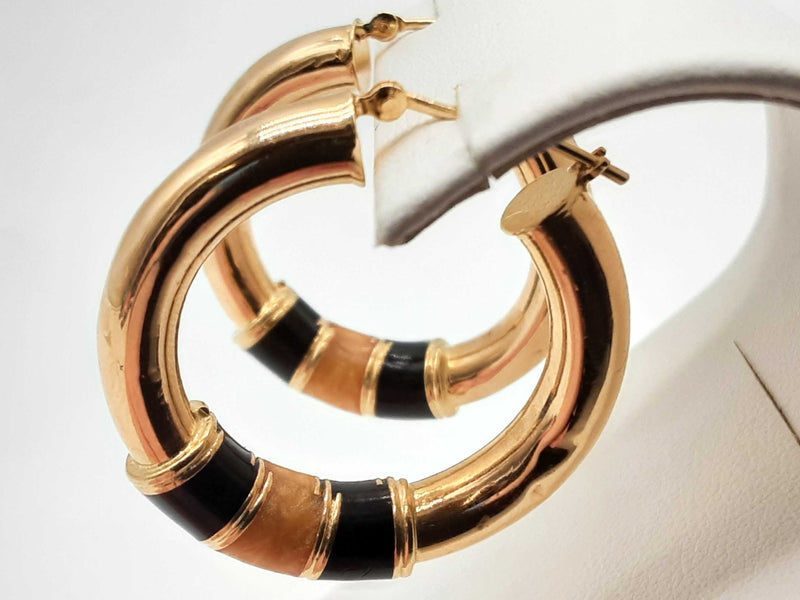 14k Yellow Gold 7.2g Black Yellow Resin Hollow Hoop Earrrings Do0524oxzde